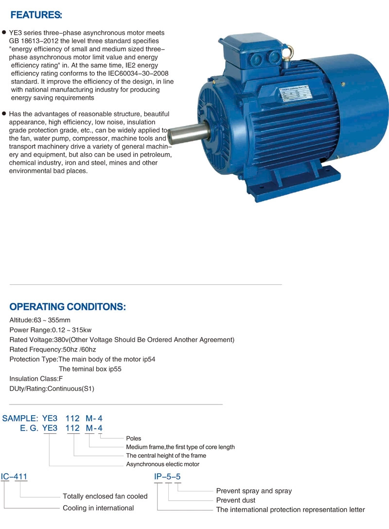 High Efficient Three-Phase Electric Ye3 Series Asynchronous Motor 4kw 5.5kw 7.5kw 11kw 15kw 18.5kw 22kw 37kw 75kw